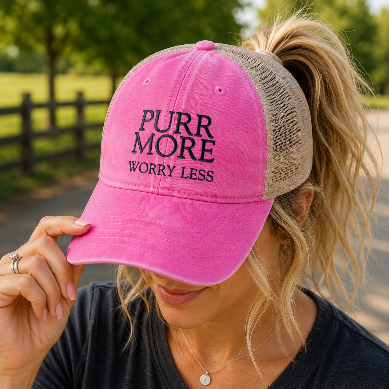 Purr More, Worry Less Women’s Ponytail Trucker Hat