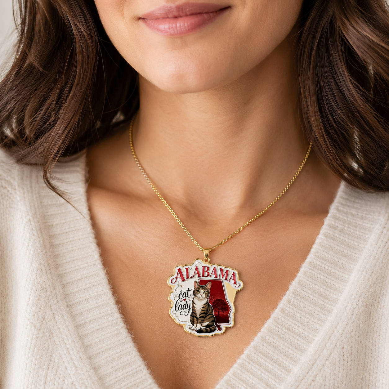 Alabama Cat Lady Custom-Cut Photo Pendant Necklace