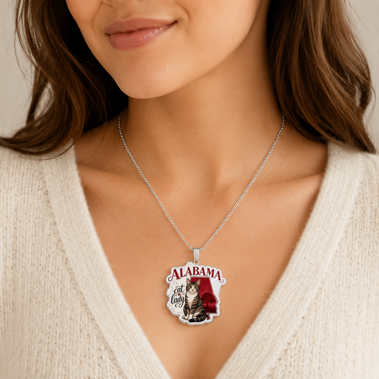 Alabama Cat Lady Custom-Cut Photo Pendant Necklace