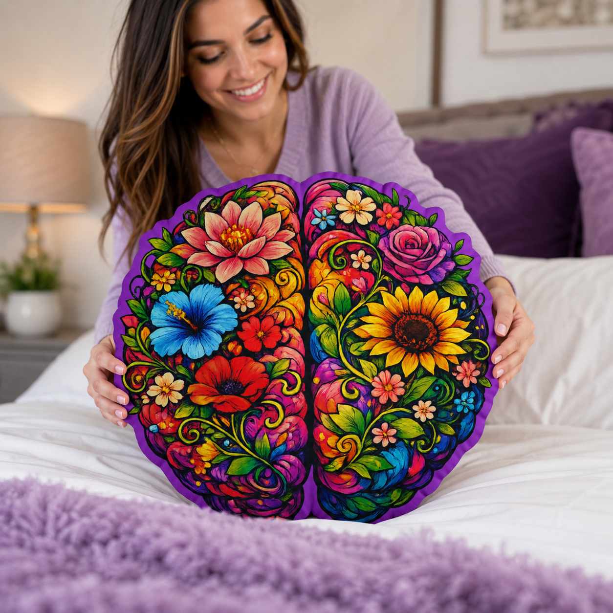 Floral Brain Shaped Pillow – Colorful Epilepsy Awareness Cushion
