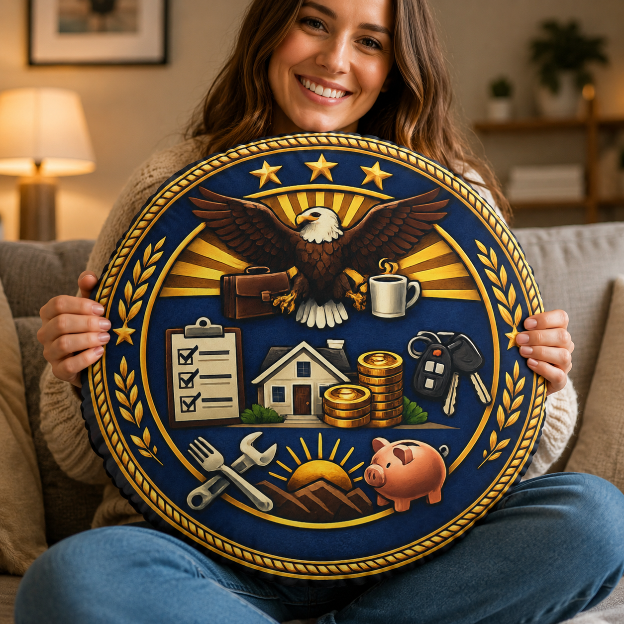 Department of Adulting Faux Seal Shaped Pillow – Government-Inspired Home Décor Cushion