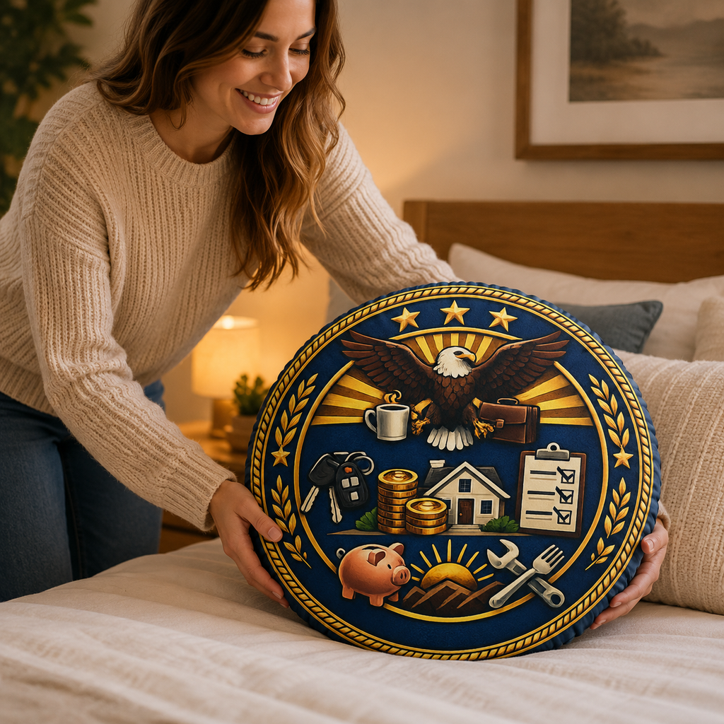 Department of Adulting Faux Seal Shaped Pillow – Government-Inspired Home Décor Cushion