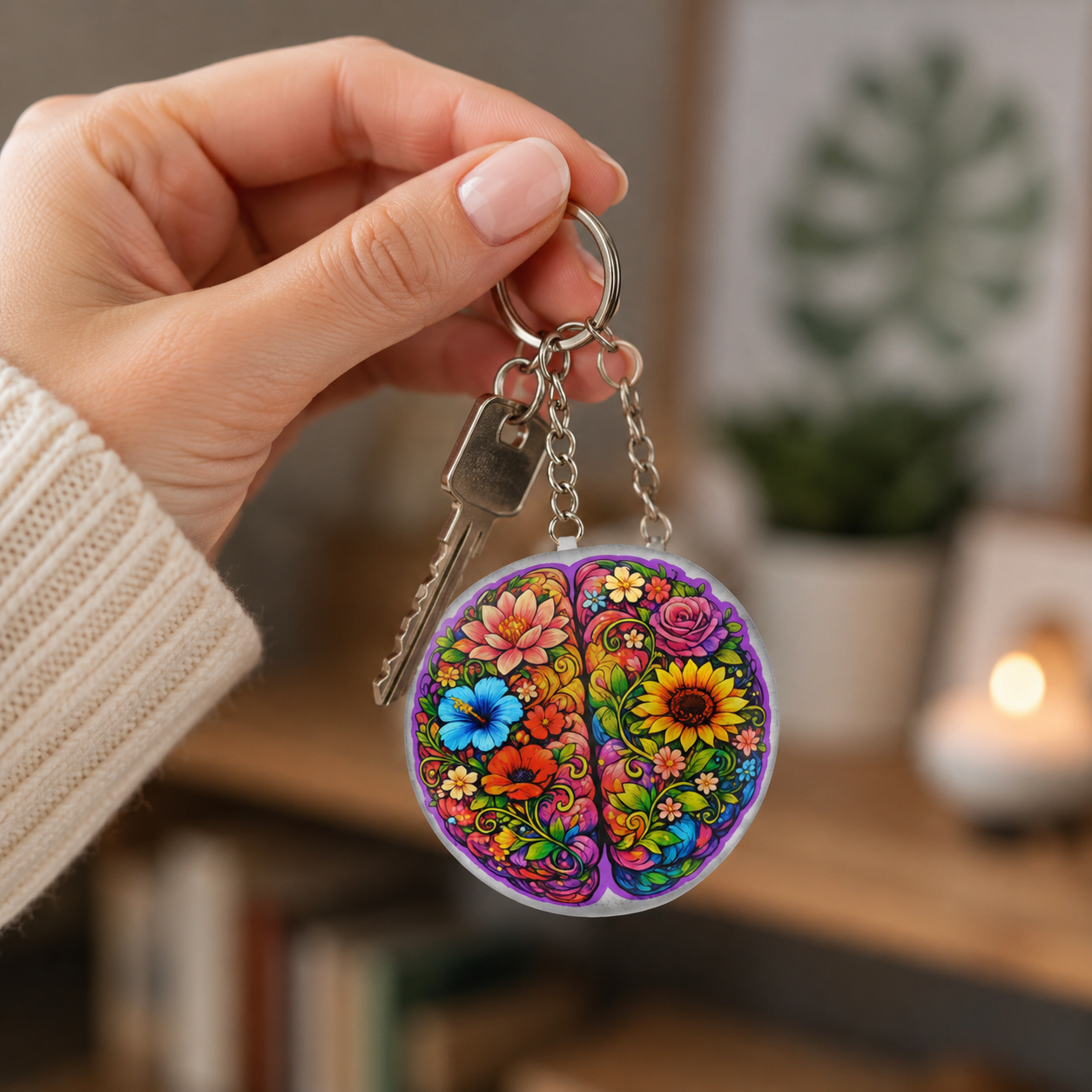 Floral Brain Keychain – Colorful Awareness-Inspired Acrylic Key Ring