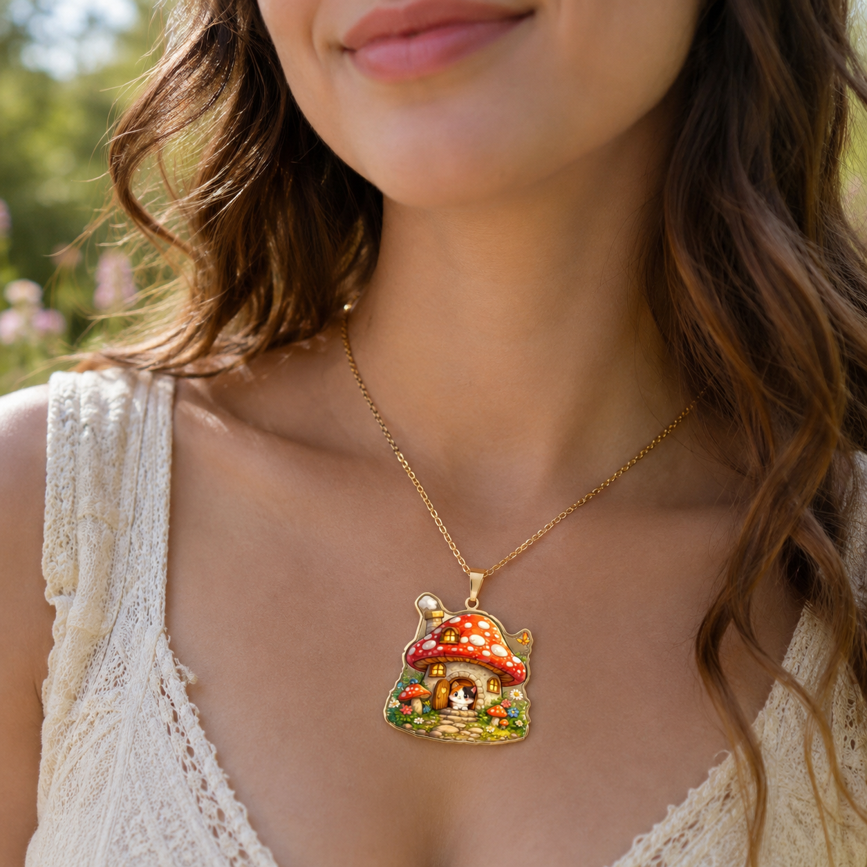 Whimsical Mushroom Cottage Necklace | Enchanted Woodland Jewelry