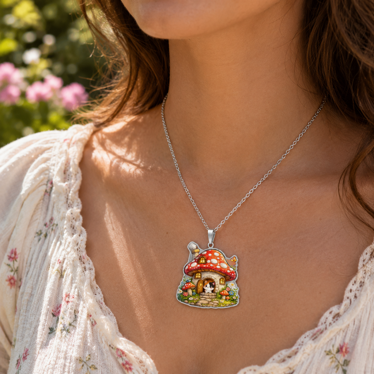 Whimsical Mushroom Cottage Necklace | Enchanted Woodland Jewelry