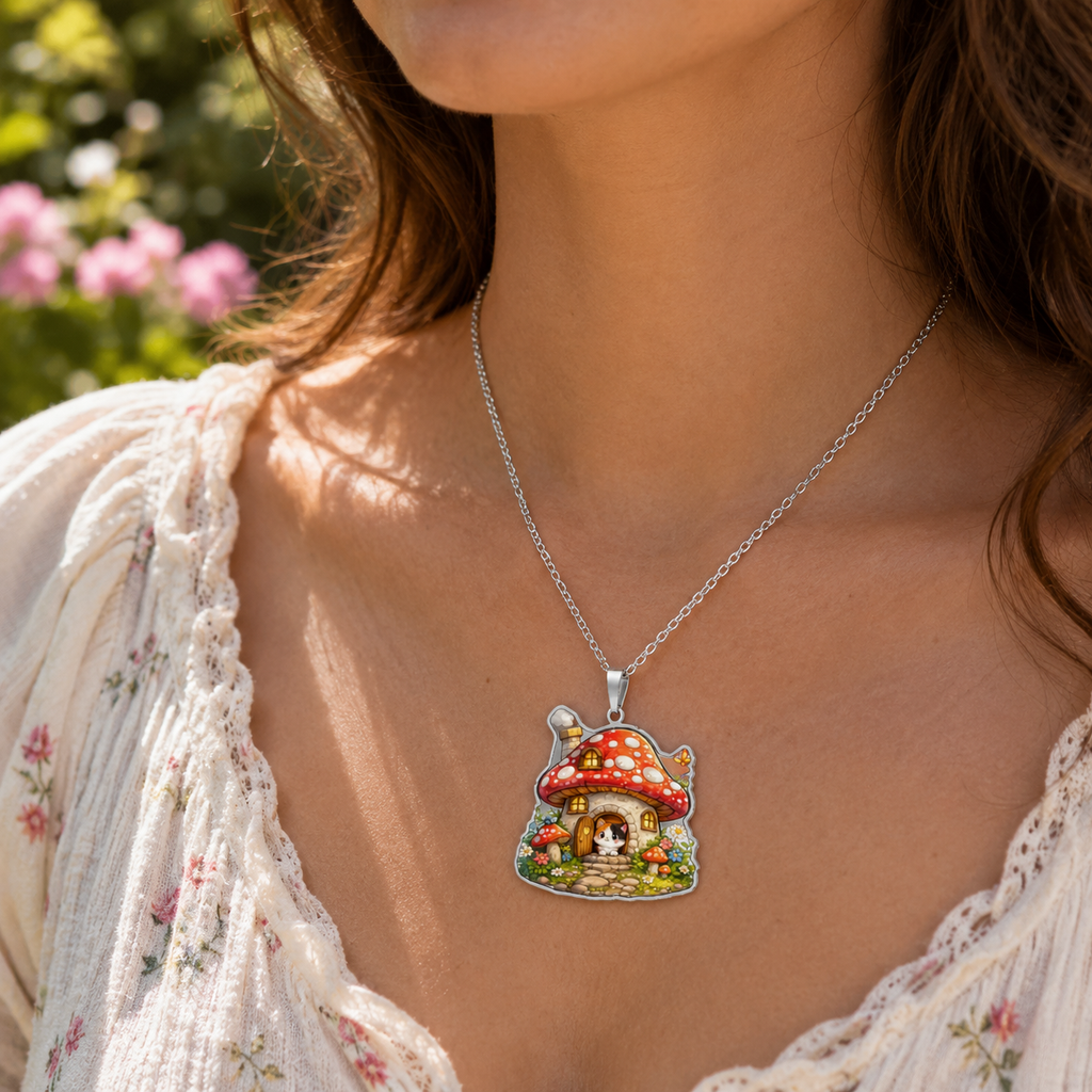 Whimsical Mushroom Cottage Necklace | Enchanted Woodland Jewelry