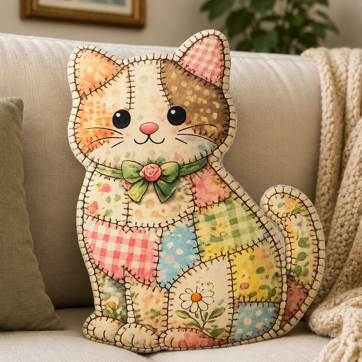 Patchwork Kitty Shaped Pillow – Vintage Cottagecore Cat Cushion