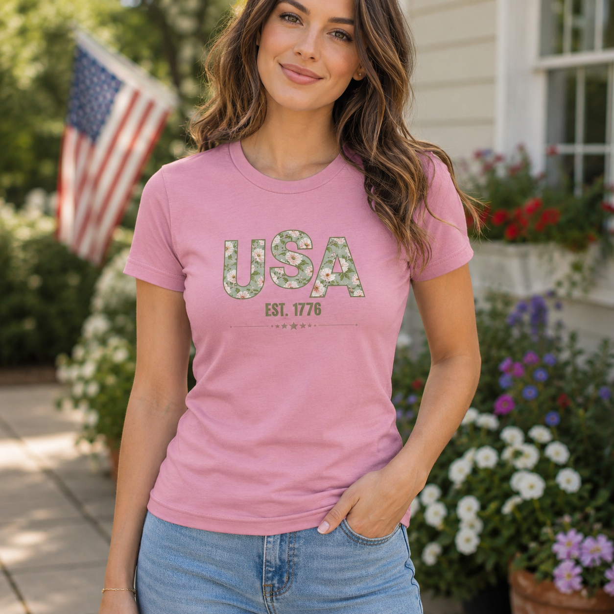 USA Est. 1776 Women's Fitted T-Shirt – Floral Patriotic Graphic Tee