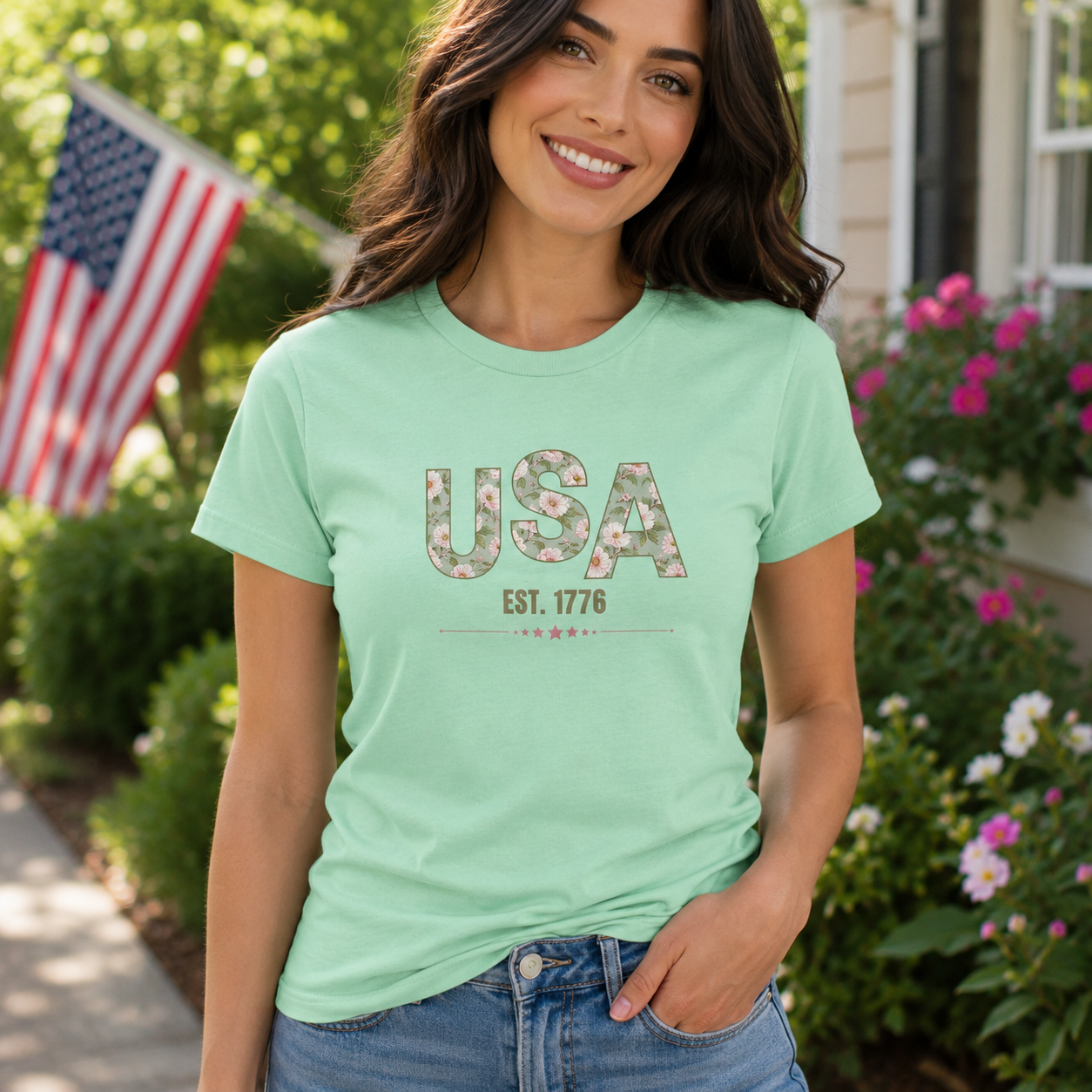 USA Est. 1776 Women's Fitted T-Shirt – Floral Patriotic Graphic Tee