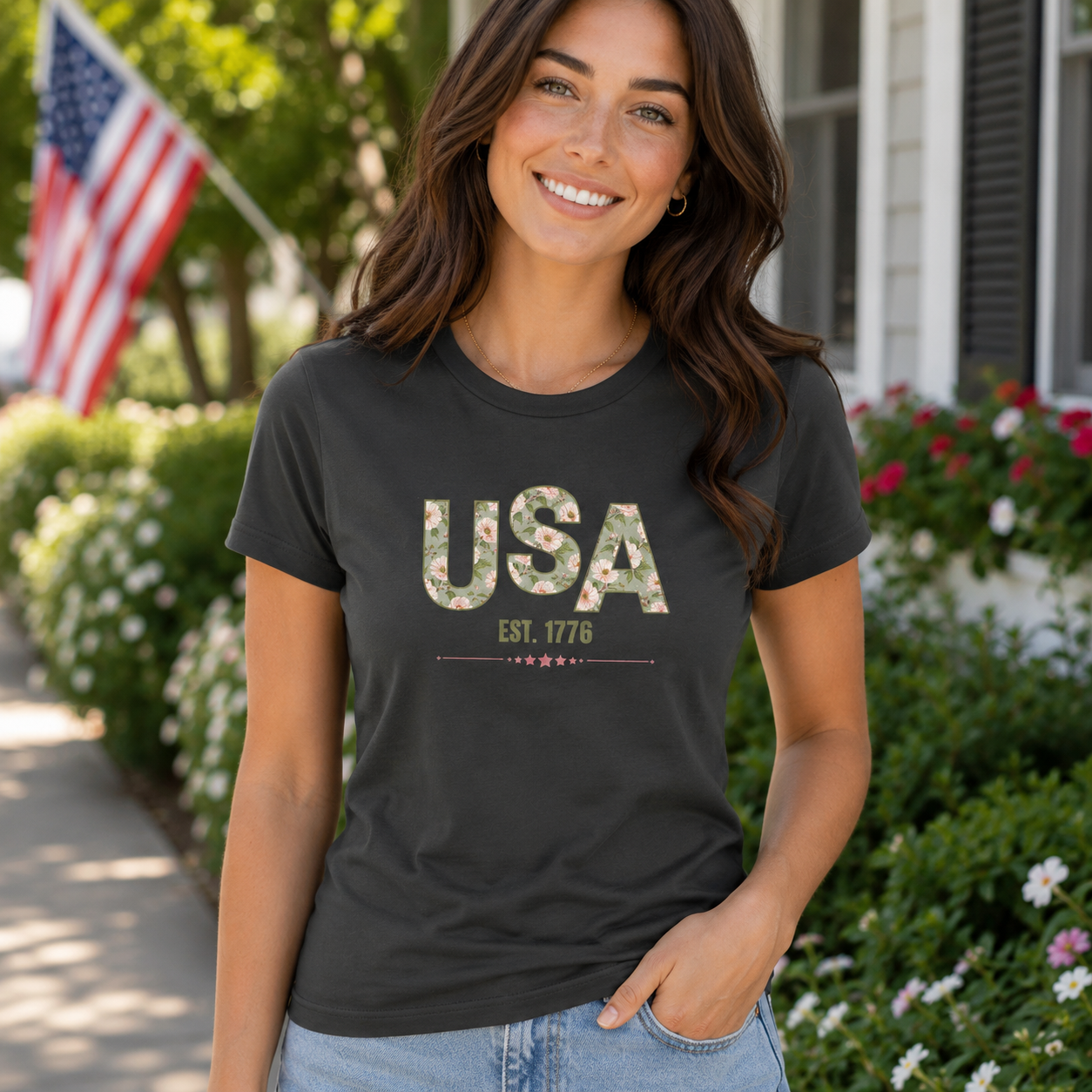 USA Est. 1776 Women's Fitted T-Shirt – Floral Patriotic Graphic Tee