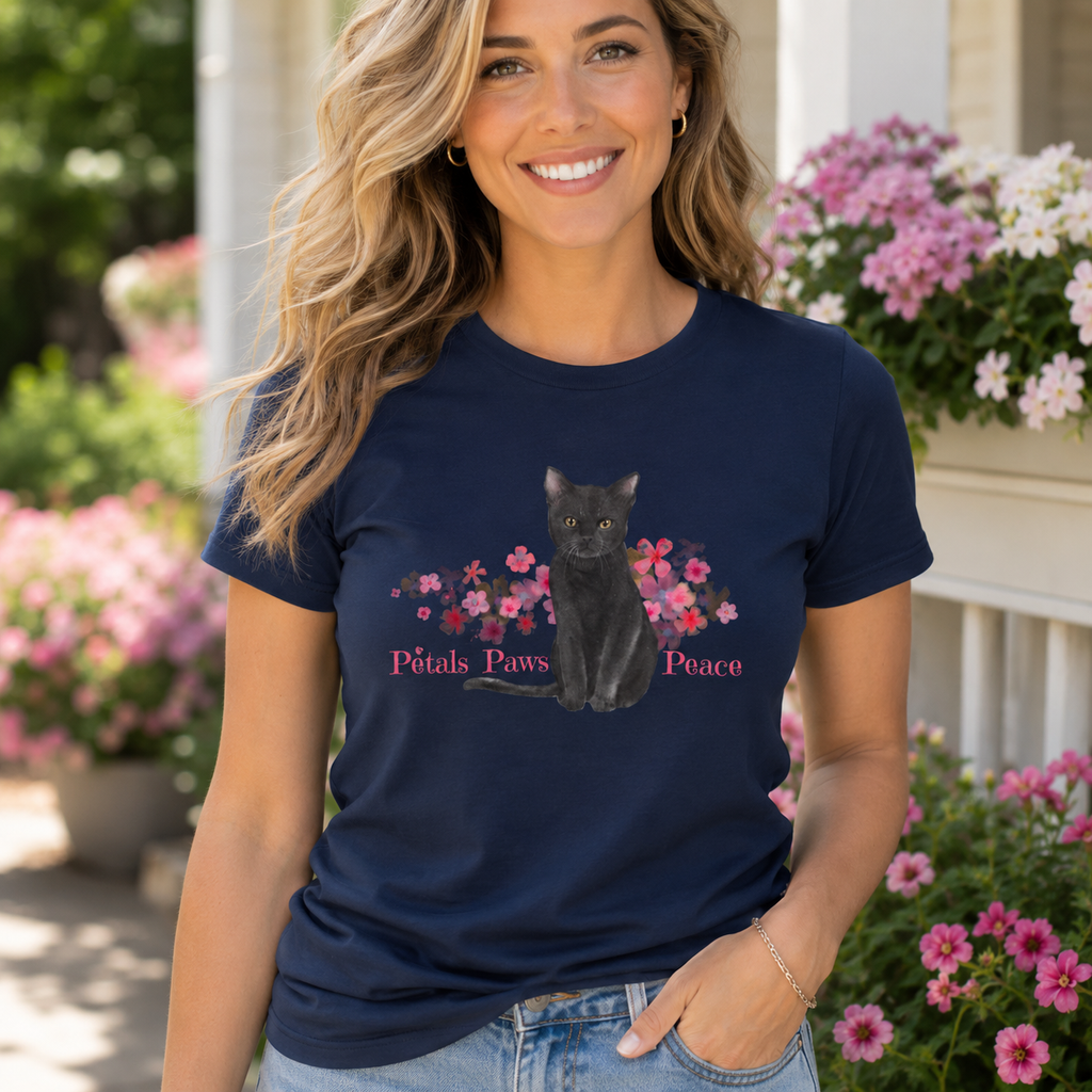 Petals, Paws & Peace Black Cat T-Shirt – Floral Cat Lover Graphic Tee