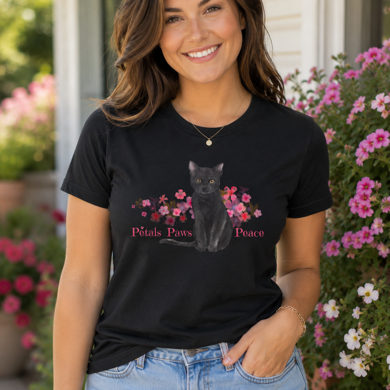 Petals, Paws & Peace Black Cat T-Shirt – Floral Cat Lover Graphic Tee