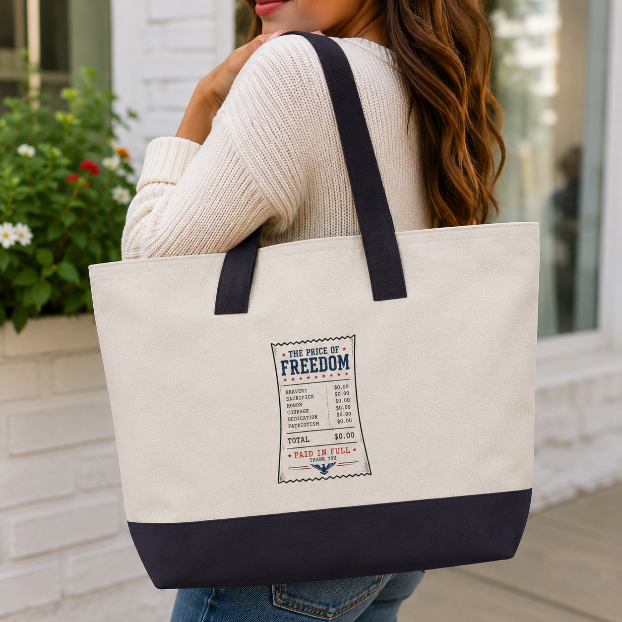 America 250 Canvas Zip Tote Bag – Freedom Receipt Large Cotton Carryall