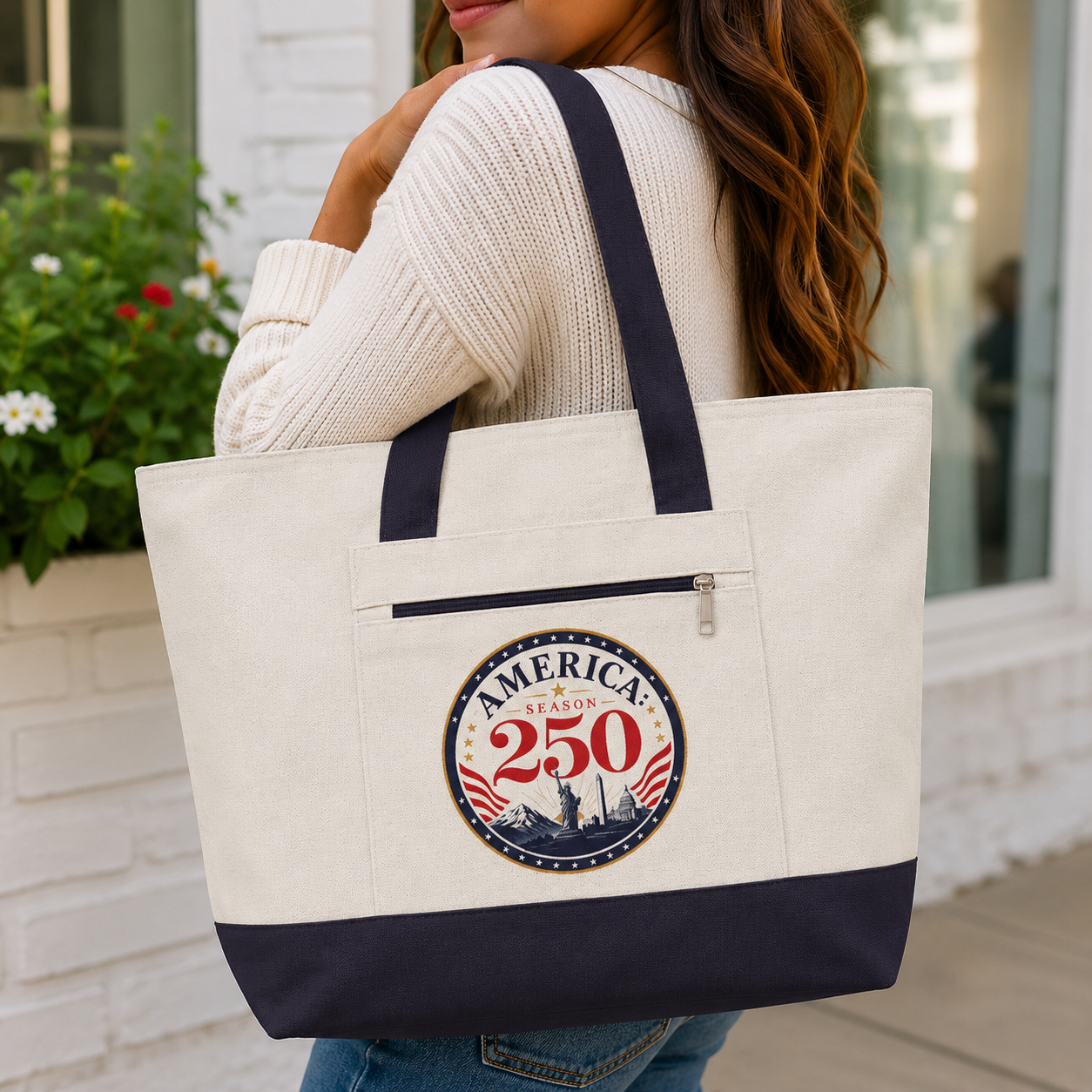America 250 Canvas Zip Tote Bag – Freedom Receipt Large Cotton Carryall