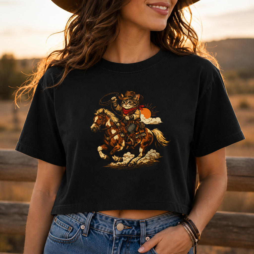 Cowboy Cat Cropped Tee | Vintage Western Cat Boxy Crop Top
