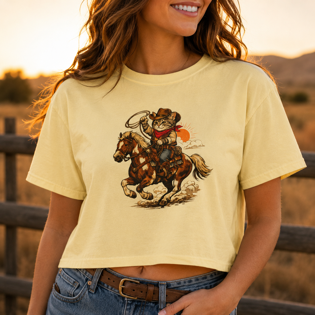 Cowboy Cat Cropped Tee | Vintage Western Cat Boxy Crop Top