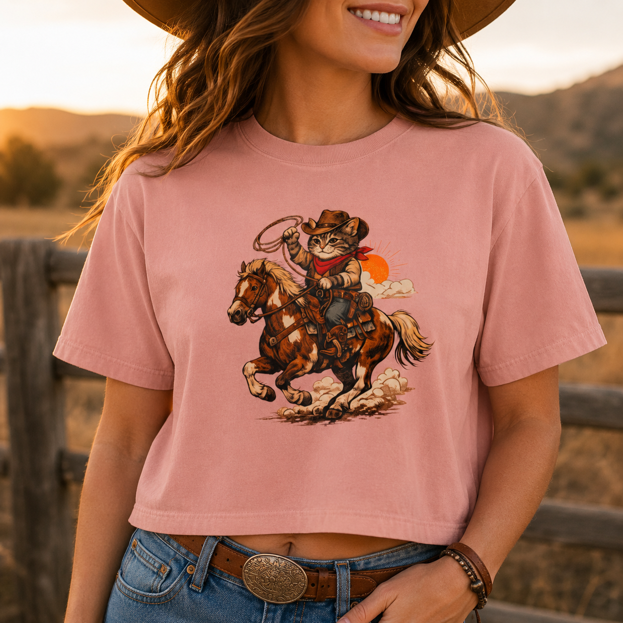 Cowboy Cat Cropped Tee | Vintage Western Cat Boxy Crop Top