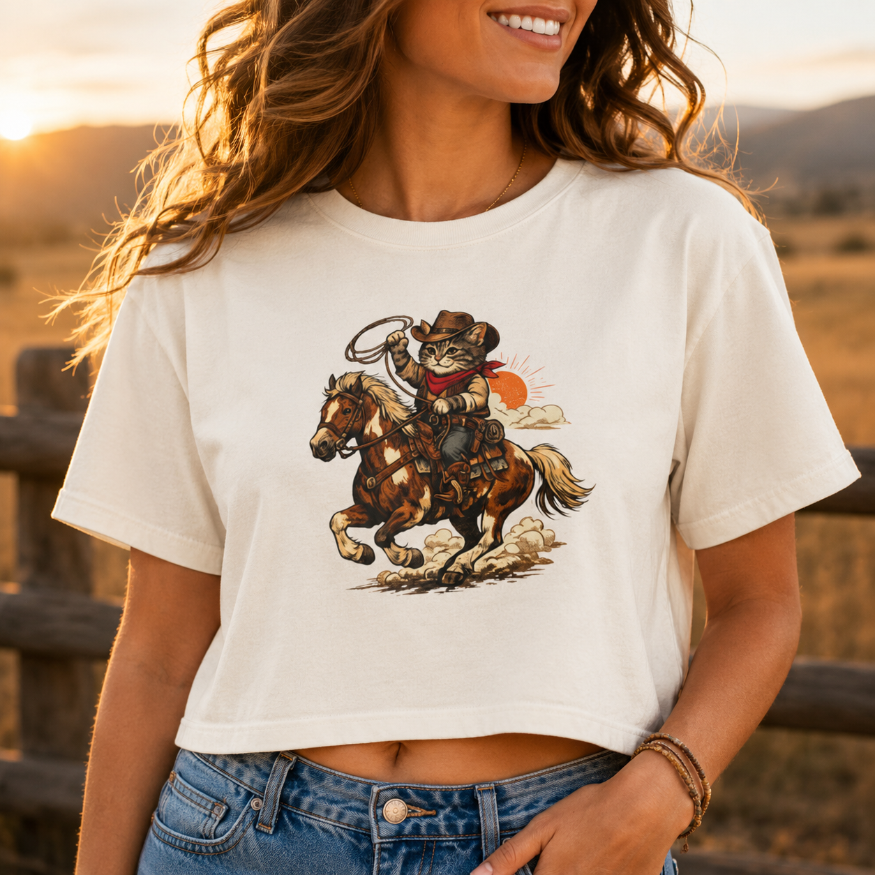Cowboy Cat Cropped Tee | Vintage Western Cat Boxy Crop Top