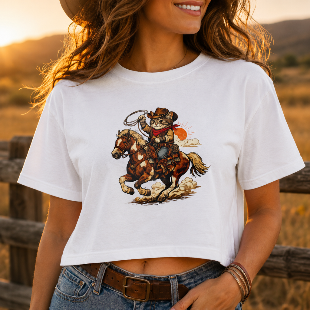 Cowboy Cat Cropped Tee | Vintage Western Cat Boxy Crop Top