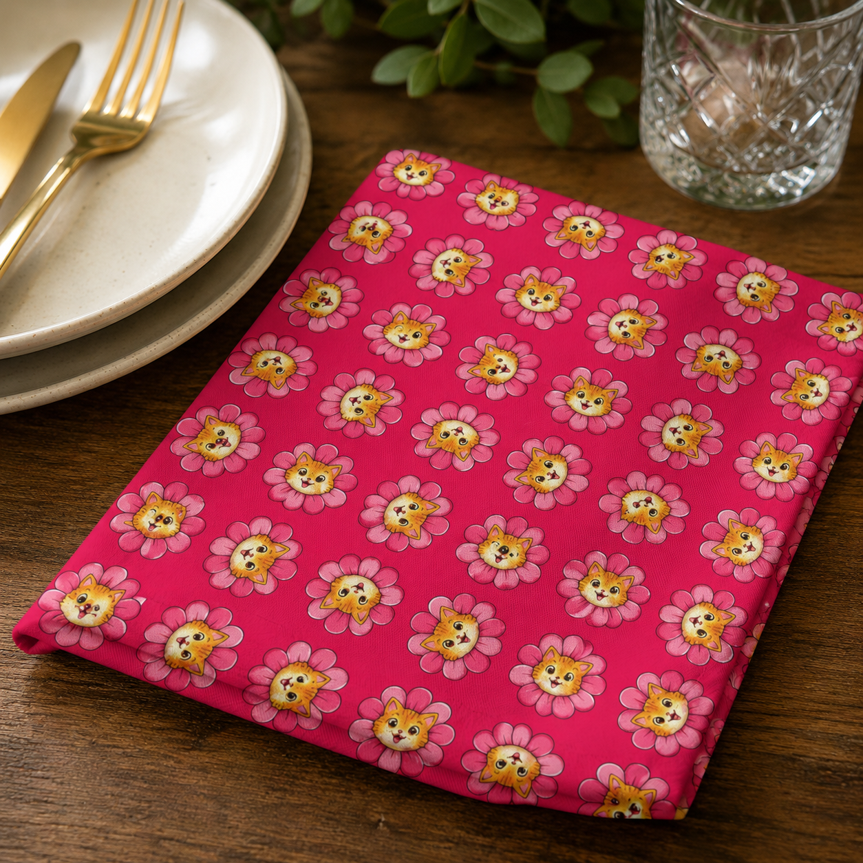 Kitty Bloom Cotton Twill Napkin | Pink Floral Cat Table Linen