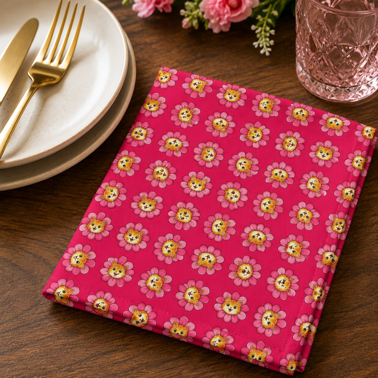 Kitty Bloom Cotton Twill Napkin | Pink Floral Cat Table Linen