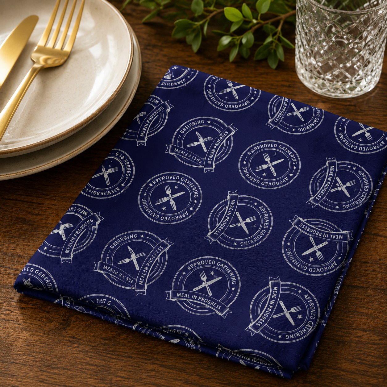 Vintage Bistro Crest Cotton Twill Napkin | Navy Dining Table Accent