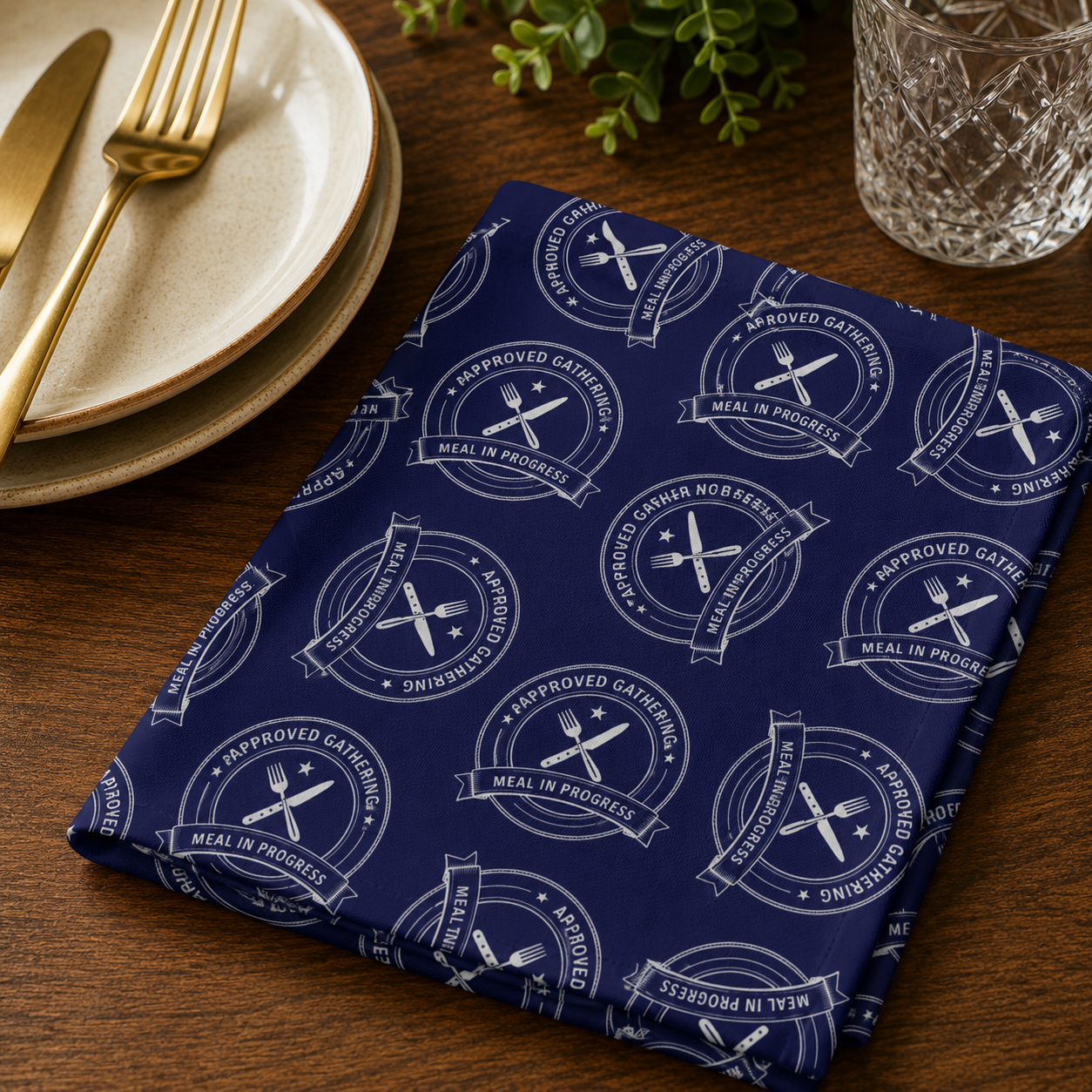 Vintage Bistro Crest Cotton Twill Napkin | Navy Dining Table Accent