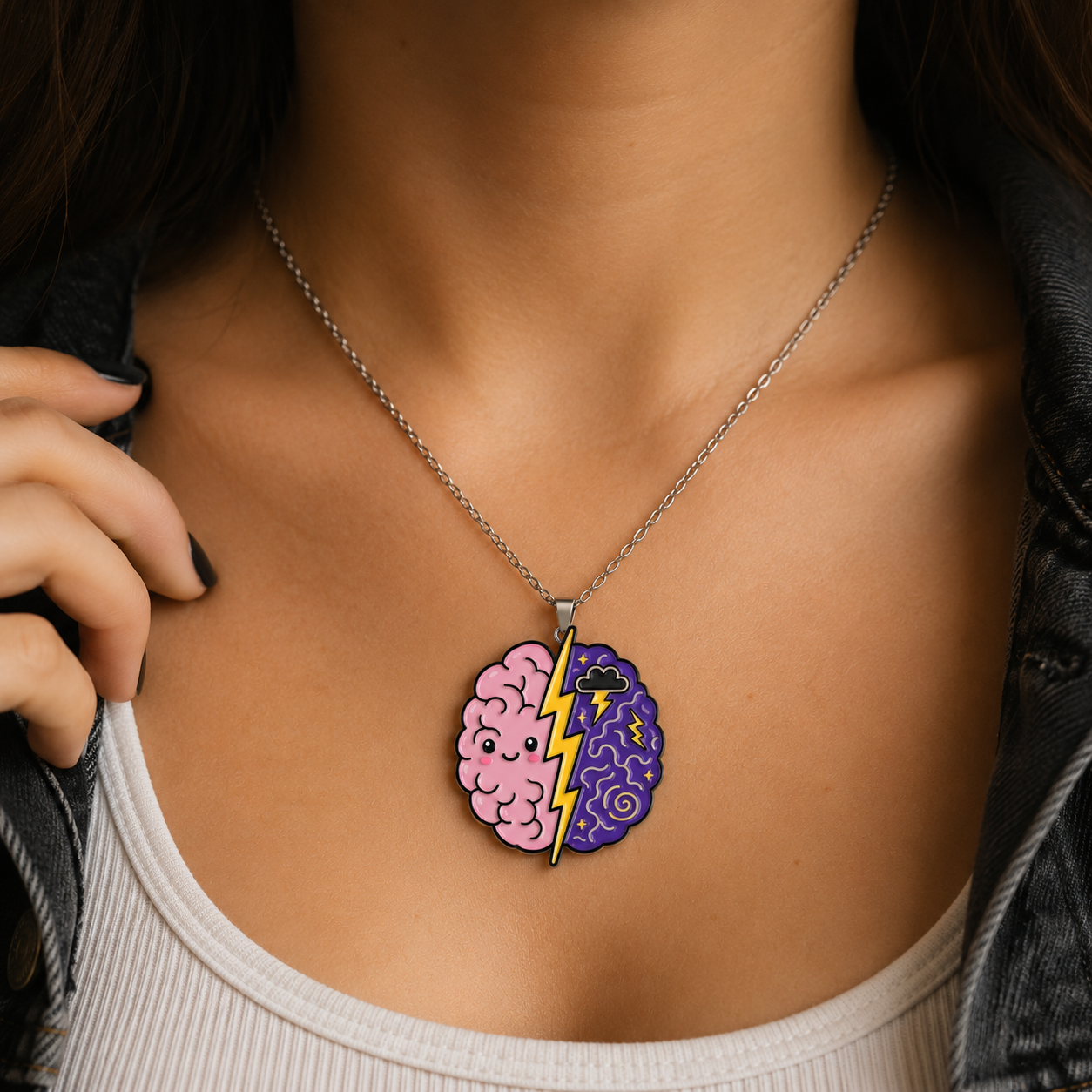Cute Chaos Brain Necklace | Epilepsy Awareness Lightning Bolt Pendant