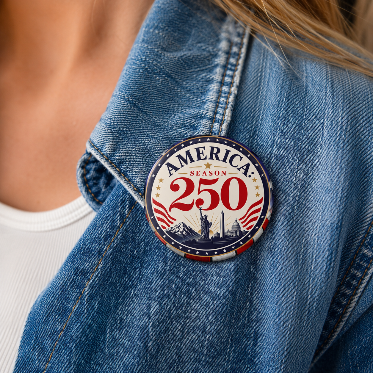 America: Season 250 Patriotic Pinback Button | USA 250th Anniversary Badge