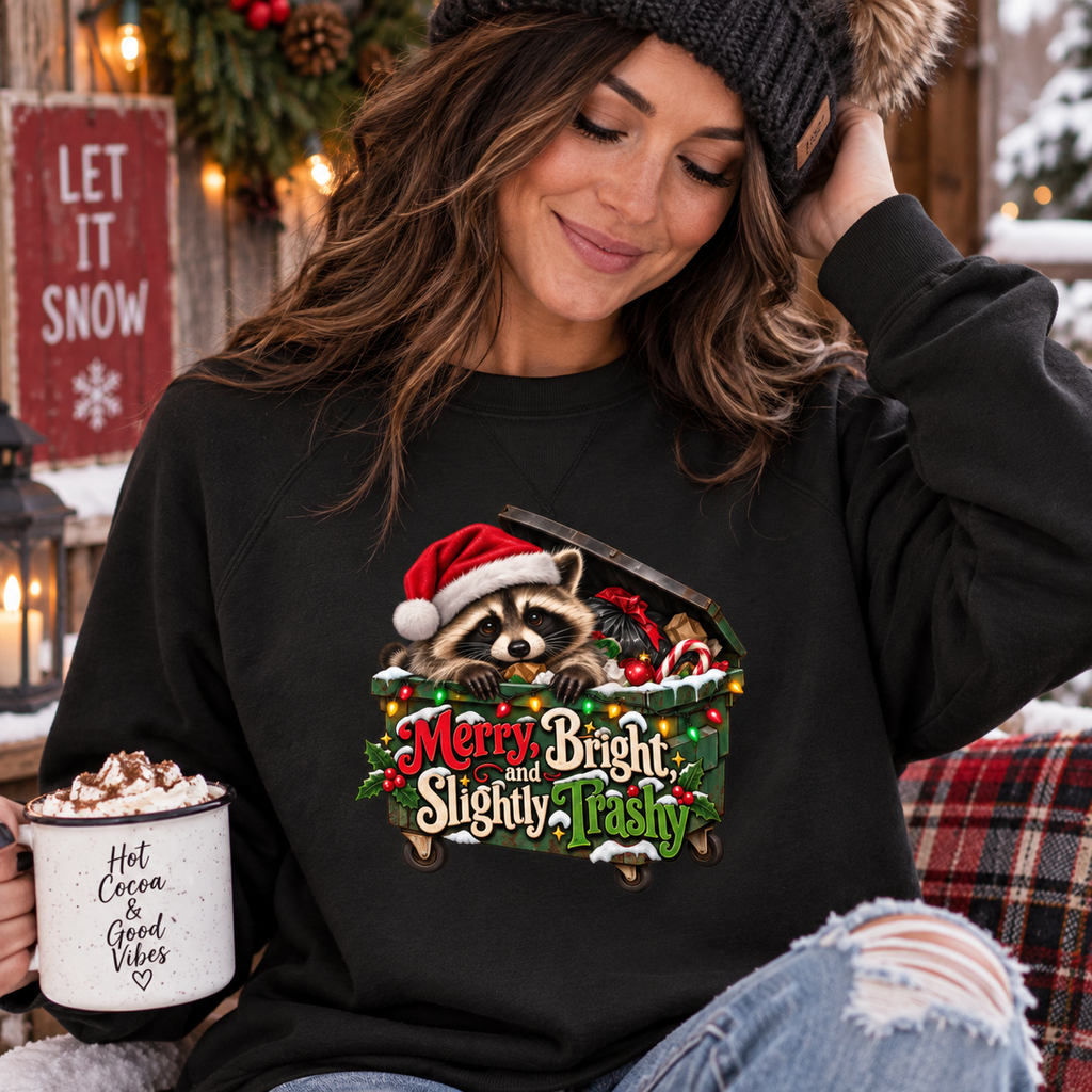 Merry, Bright, and Slightly Trashy Jimothy Raccoon Christmas Sweatshirt