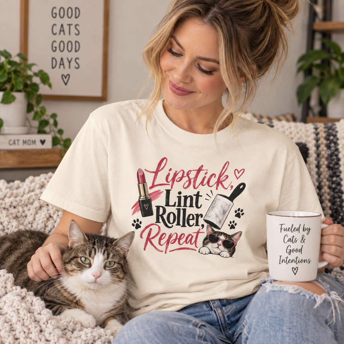 Lipstick, Lint Roller, Repeat Cat Lady Garment-Dyed T-Shirt