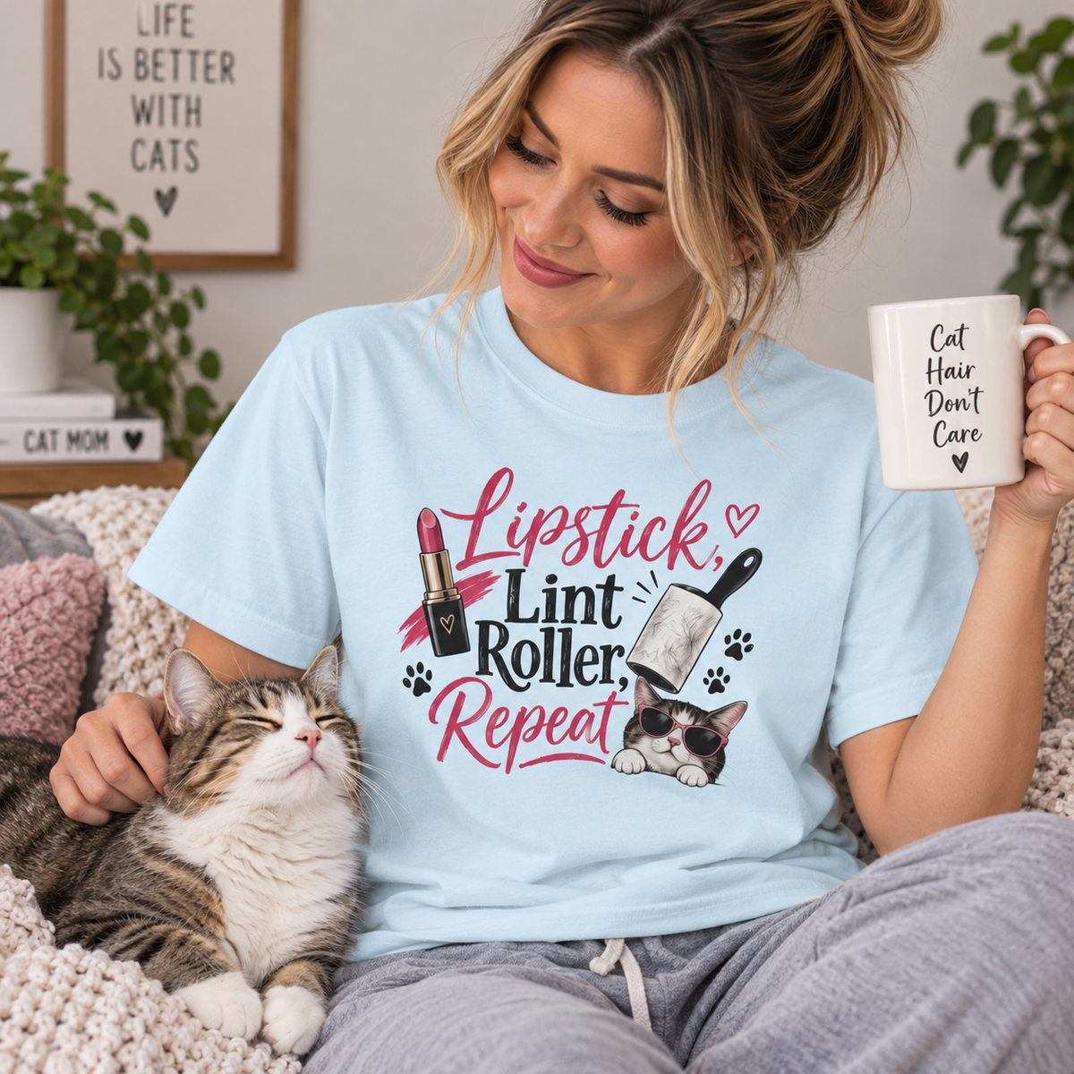 Lipstick, Lint Roller, Repeat Cat Lady Garment-Dyed T-Shirt