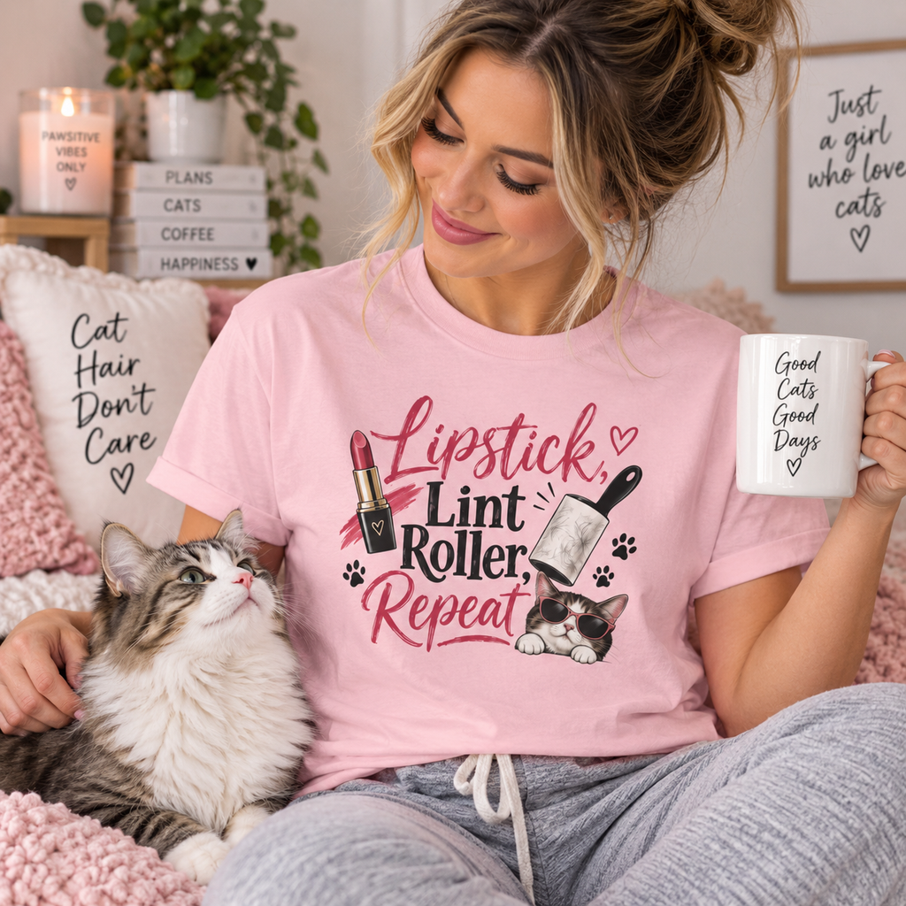 Lipstick, Lint Roller, Repeat Cat Lady Garment-Dyed T-Shirt