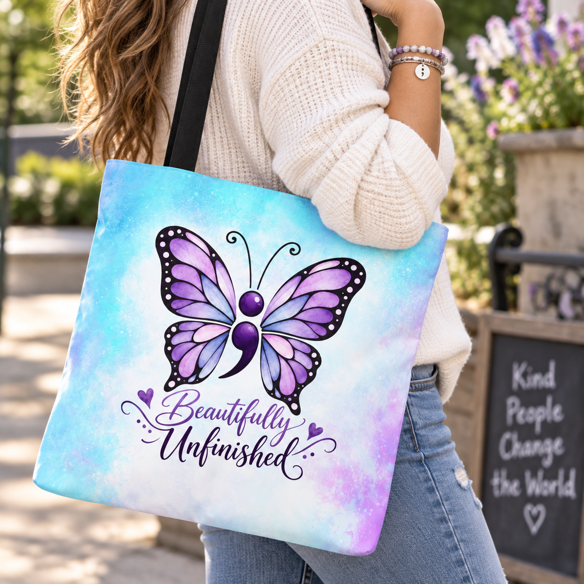 Beautifully Unfinished Semicolon Butterfly Suicide Awareness Tote Bag