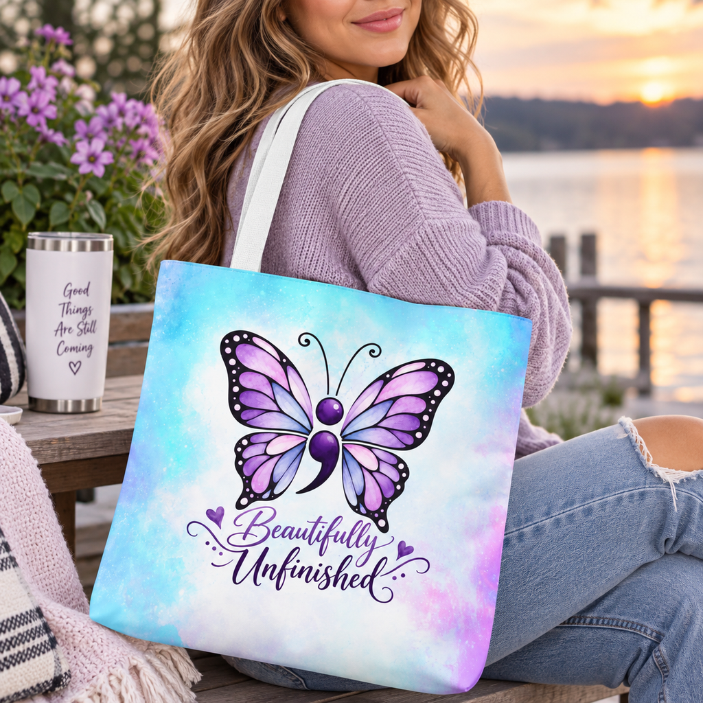 Beautifully Unfinished Semicolon Butterfly Suicide Awareness Tote Bag
