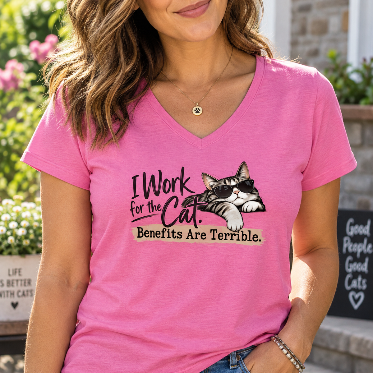 I Work for the Cat Women’s V-Neck T-Shirt | Funny Cat Lover Tee