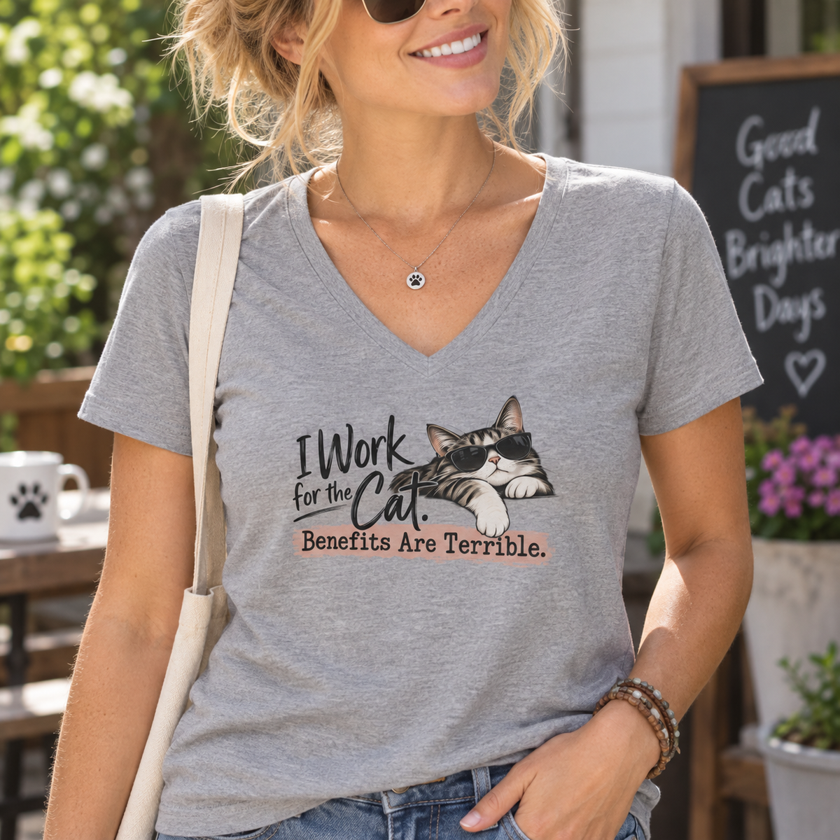 I Work for the Cat Women’s V-Neck T-Shirt | Funny Cat Lover Tee