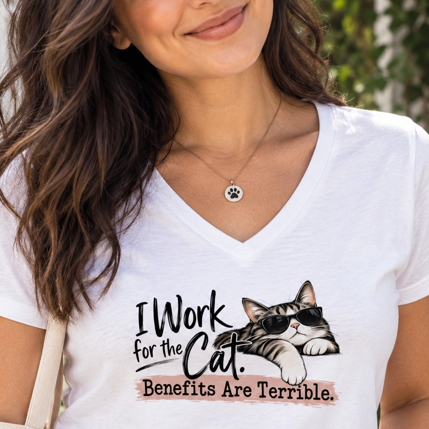 I Work for the Cat Women’s V-Neck T-Shirt | Funny Cat Lover Tee