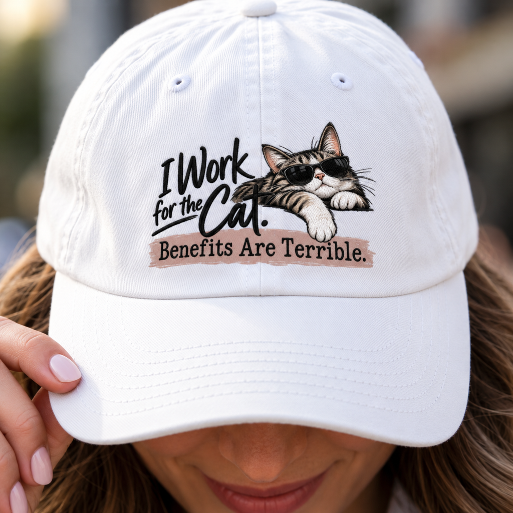 I Work for the Cat Benefits Are Terrible Dad Hat | Funny Cat Lover Cap