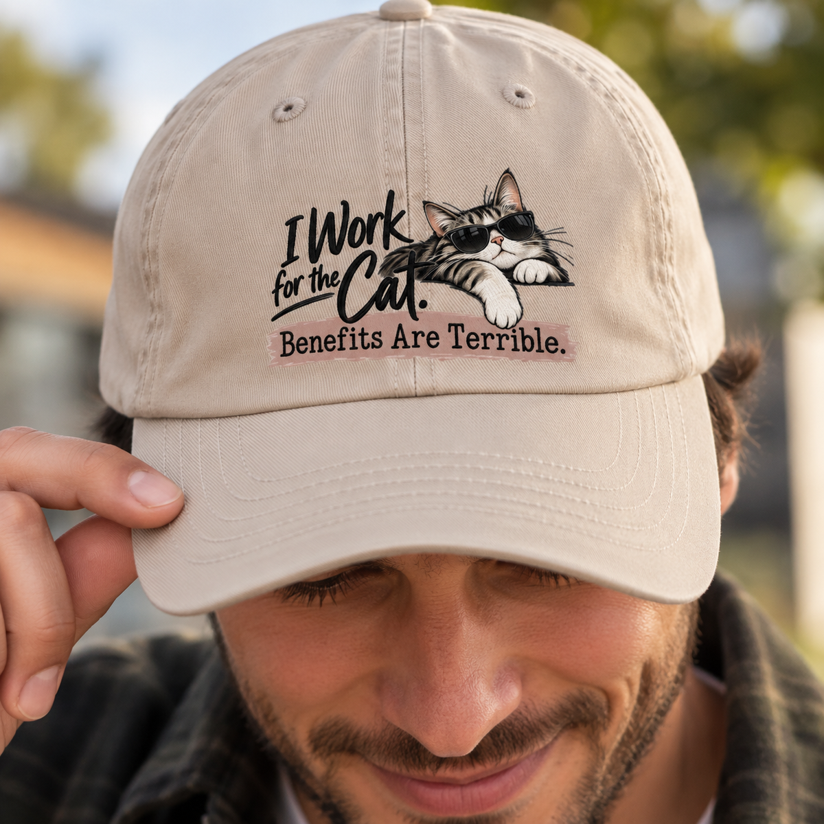 I Work for the Cat Benefits Are Terrible Dad Hat | Funny Cat Lover Cap