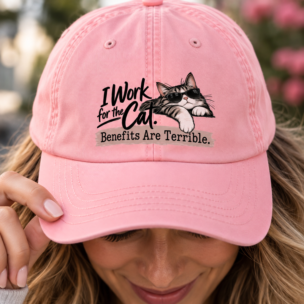 I Work for the Cat Benefits Are Terrible Dad Hat | Funny Cat Lover Cap