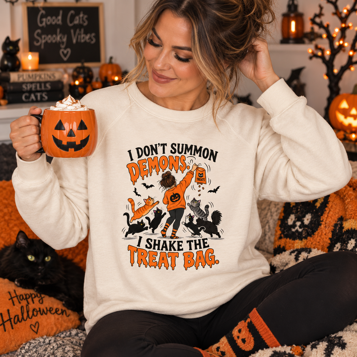 I Don’t Summon Demons, I Shake the Treat Bag Halloween Cat Sweatshirt