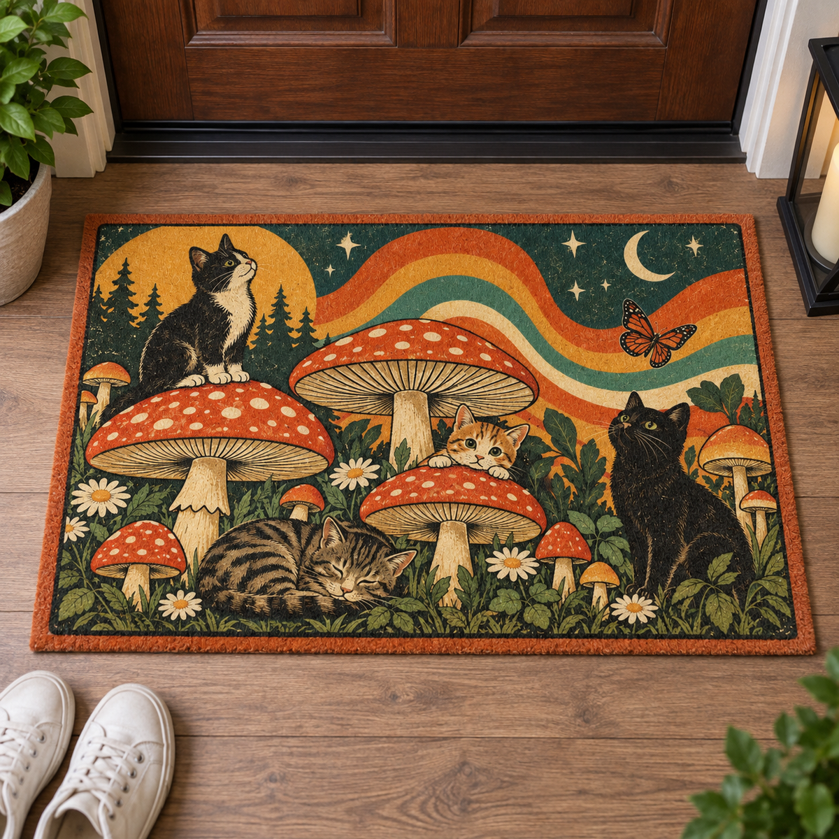 Retro Cats & Mushrooms Chenille Area Rug | Vintage Woodland Cottagecore Decor