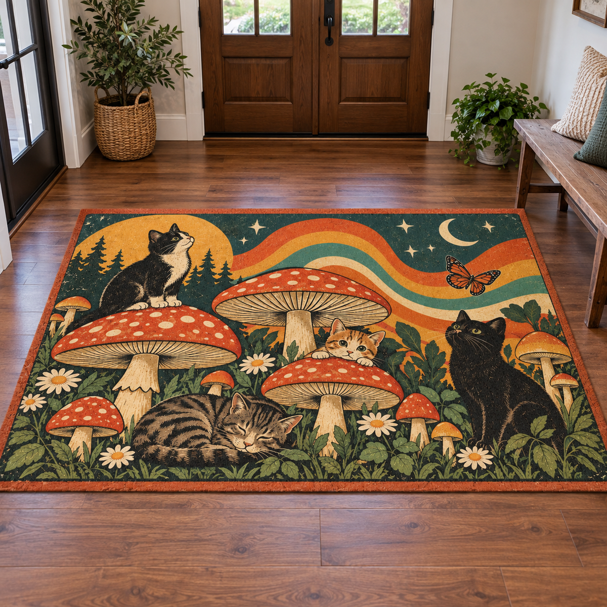 Retro Cats & Mushrooms Chenille Area Rug | Vintage Woodland Cottagecore Decor