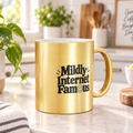 Gold metallic Mildly Internet Famous coffee mug with black retro lettering and smiley face