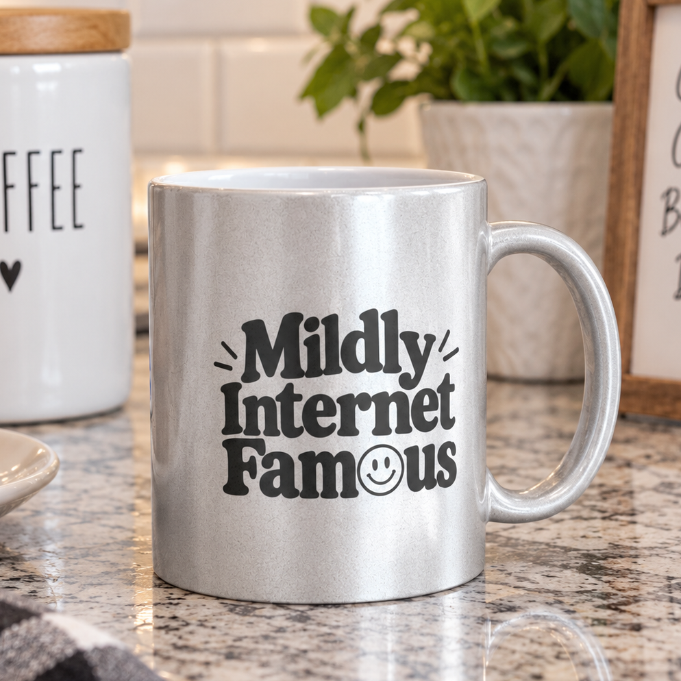 Silver metallic Mildly Internet Famous coffee mug with black retro lettering and smiley face
