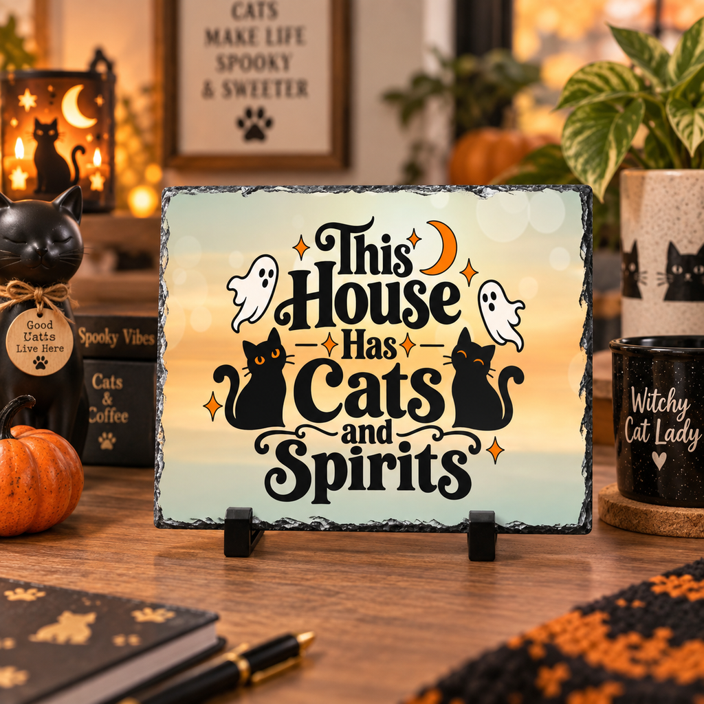 This House Has Cats and Spirits Slate Desk Plaque | Halloween Cat Decor