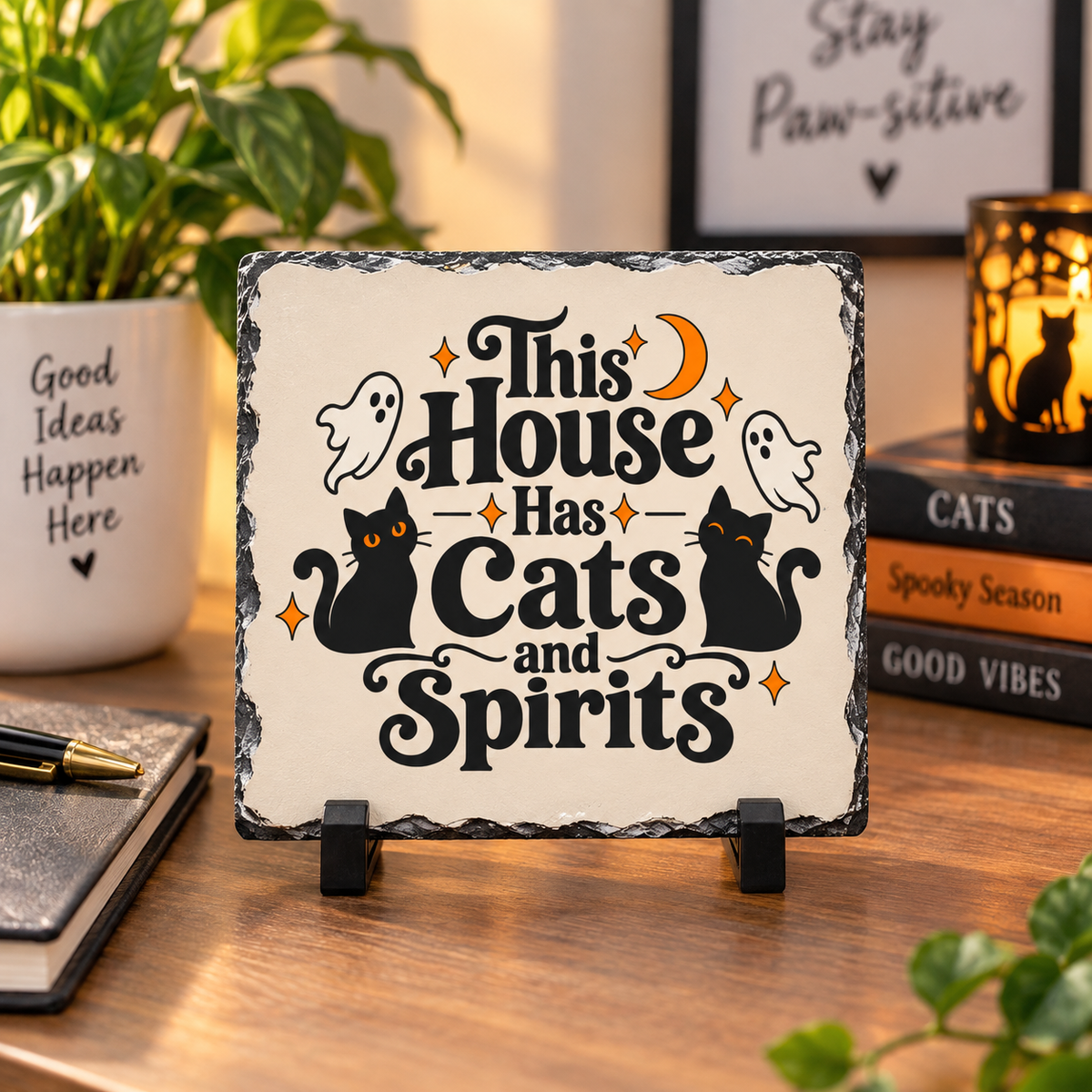 This House Has Cats and Spirits Slate Desk Plaque | Halloween Cat Decor