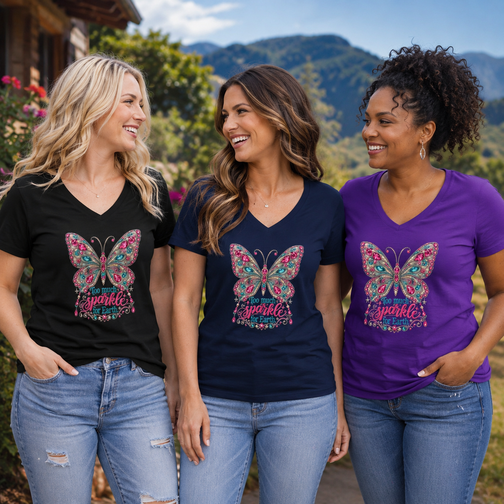 Too Much Sparkle for Earth V-Neck Tee | Rhinestone Butterfly Shirt | Heavenly Country Glam