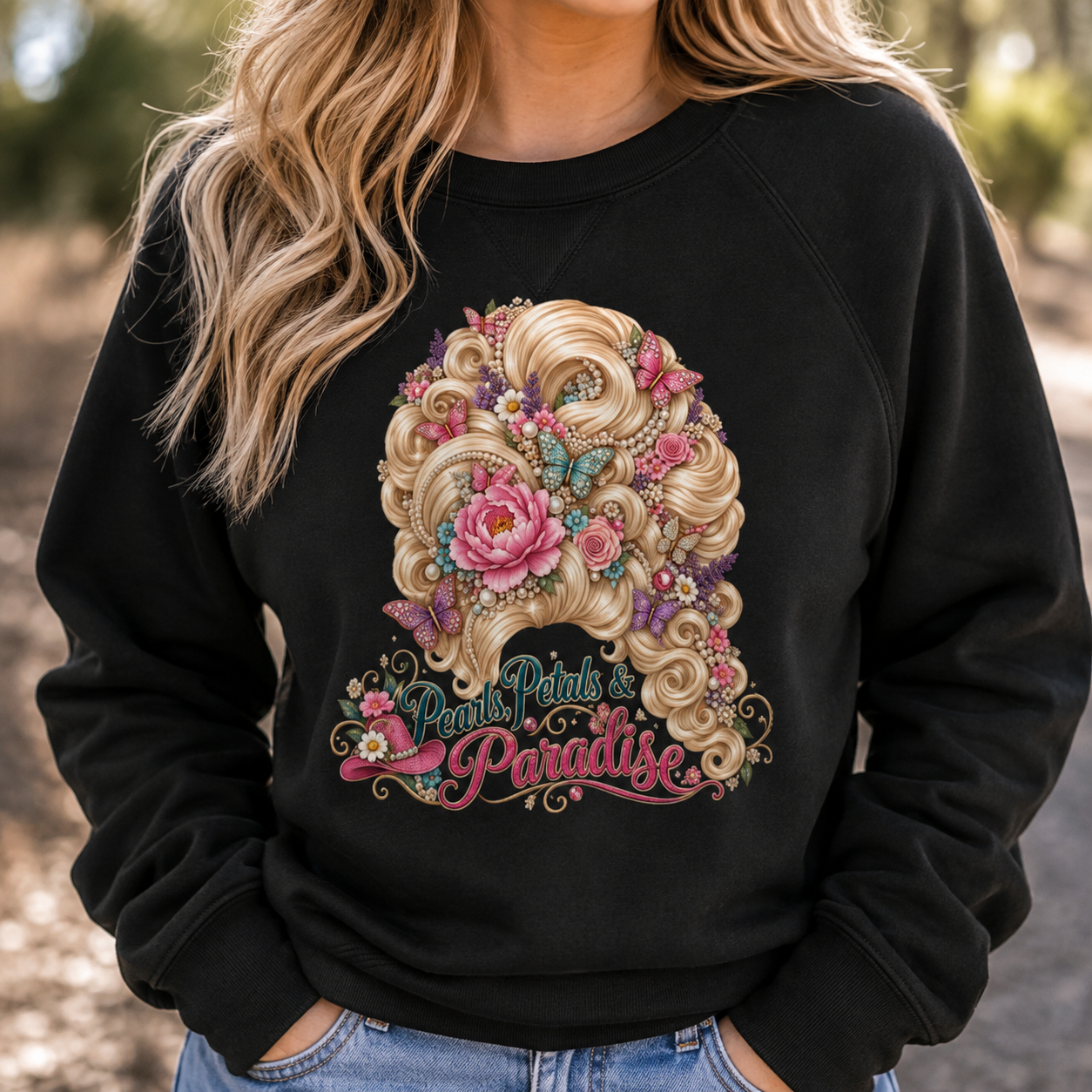 Pearls, Petals & Paradise Lightweight Crewneck Sweatshirt | Country Glam Floral Bouffant Pullover